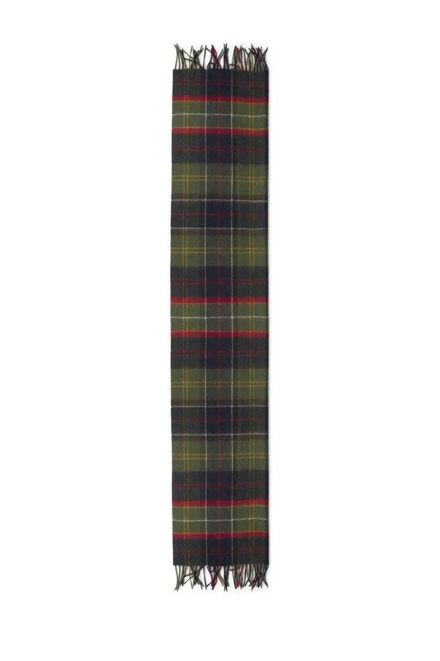 Barbour men’s sciarpa brack patchwork tartan multicolor scarf in rich green black and red plaid with fringed edges
