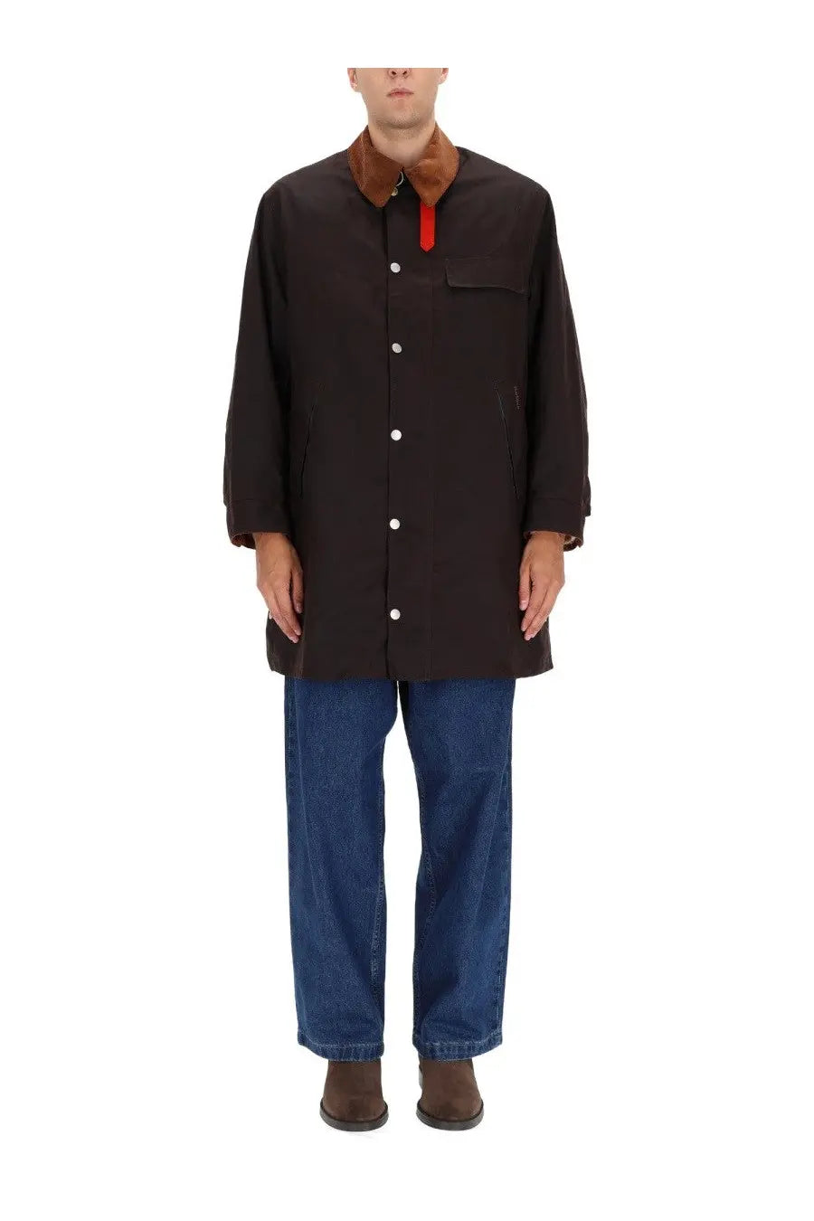 Barbour men’s waxed cotton jacket in black with brown collar and red inner lining detail