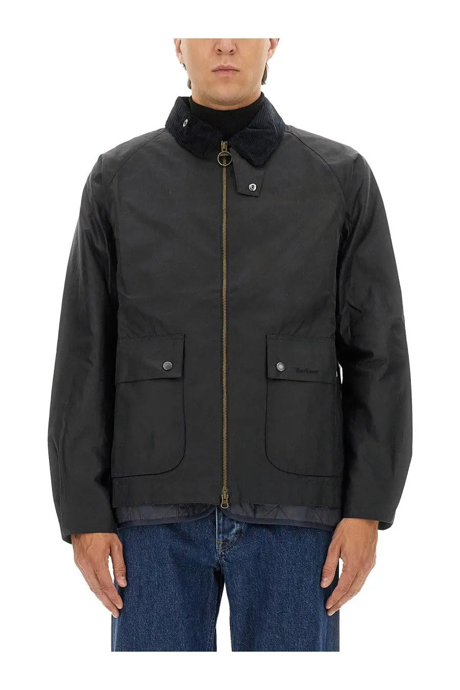 Barbour men’s waxed jacket bedale blue in black with dark corduroy collar and two front flap pockets