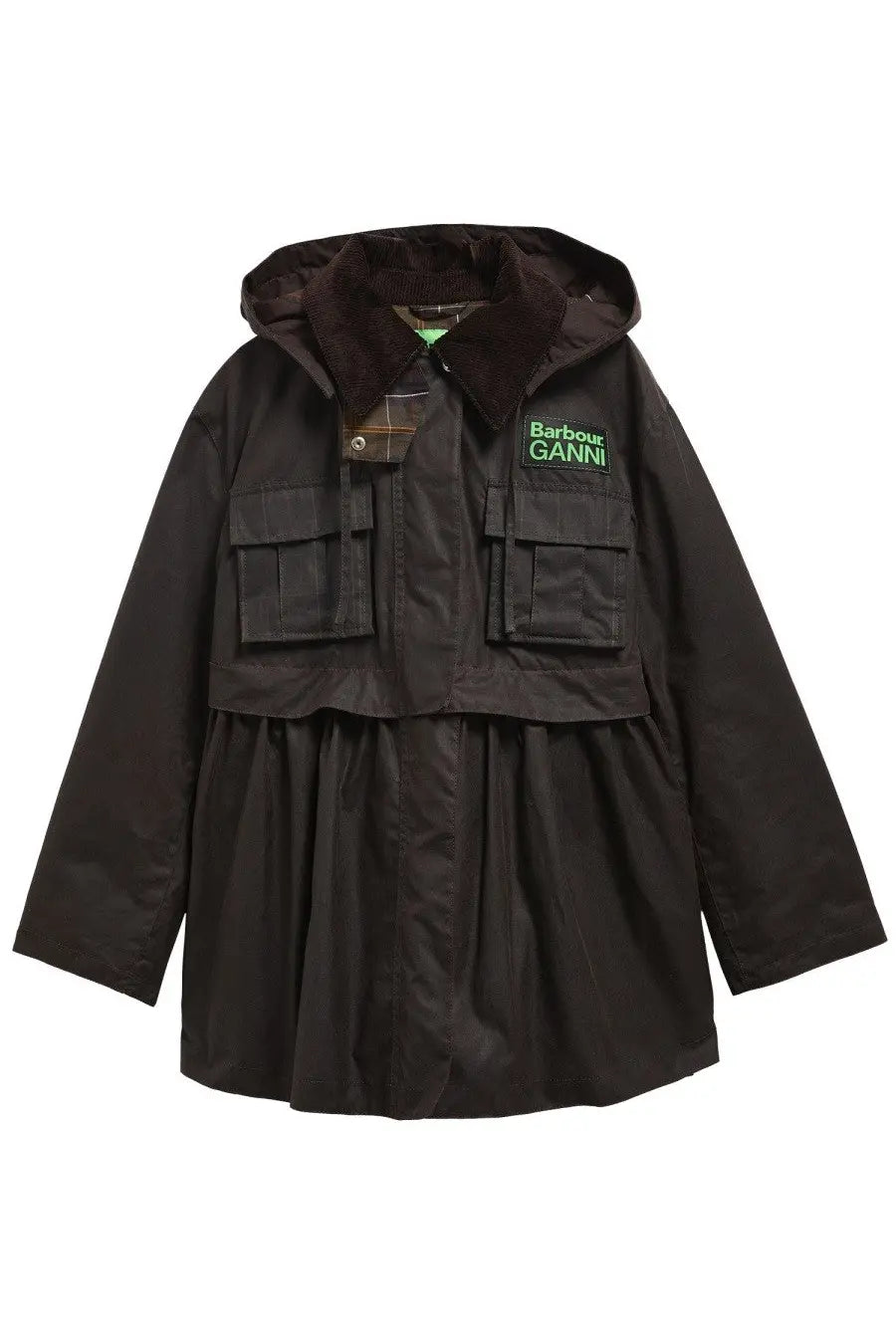 Barbour women’s Barbour Ganni coat in brown features a black hooded design with plaid collar two front pockets and flared hem