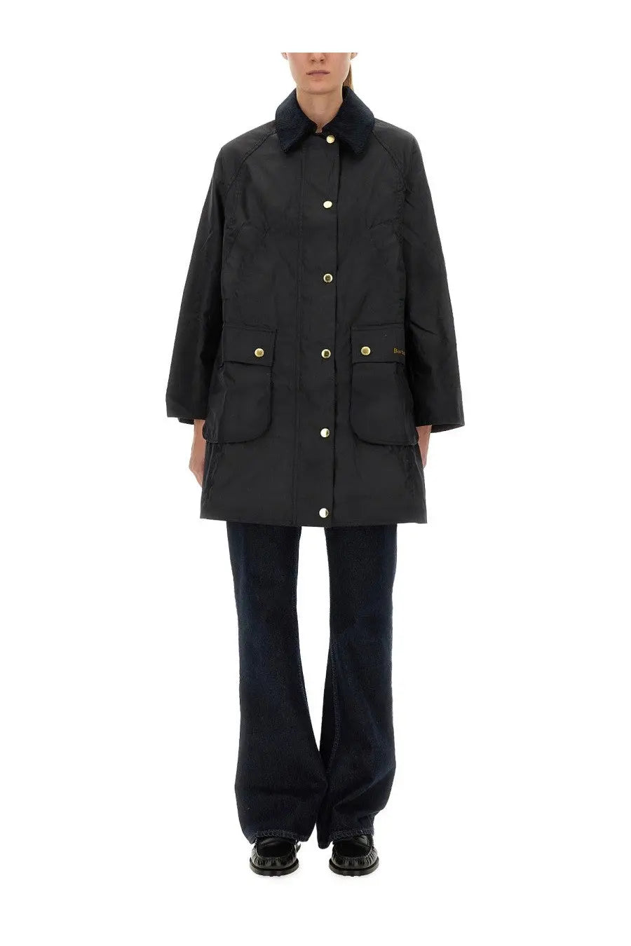 Barbour Beadnell Blue waxed jacket with black body, gold buttons, contrasting collar