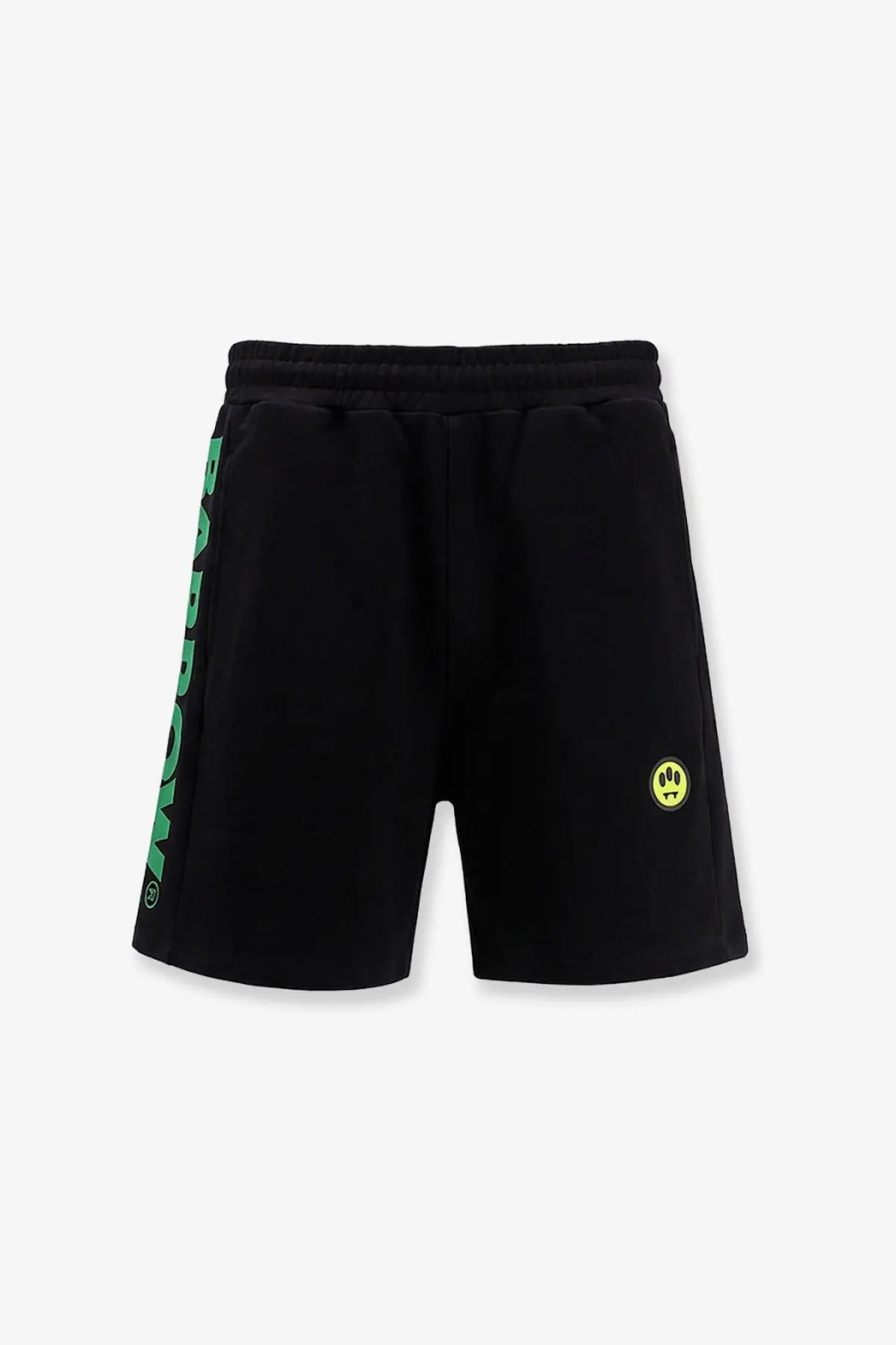 Barrow men’s black cotton bermuda shorts with green vertical logo on left leg and yellow smiley patch on right thigh