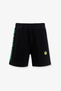 Barrow men’s black cotton bermuda shorts with green vertical logo on left leg and yellow smiley patch on right thigh