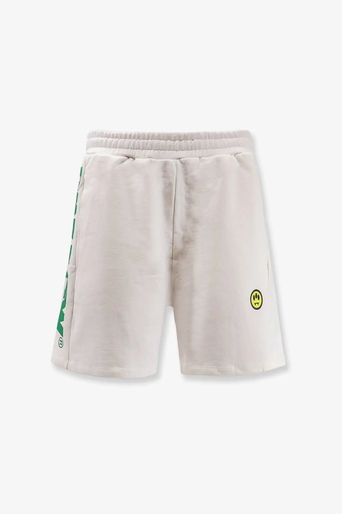 Barrow men’s cotton bermuda shorts cocco in cream with green side stripe and yellow smiley face logo on lower right leg