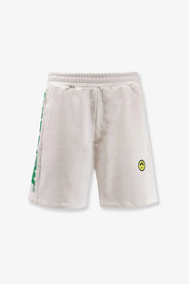 Barrow men’s cotton bermuda shorts cocco in cream with green side stripe and yellow smiley face logo on lower right leg