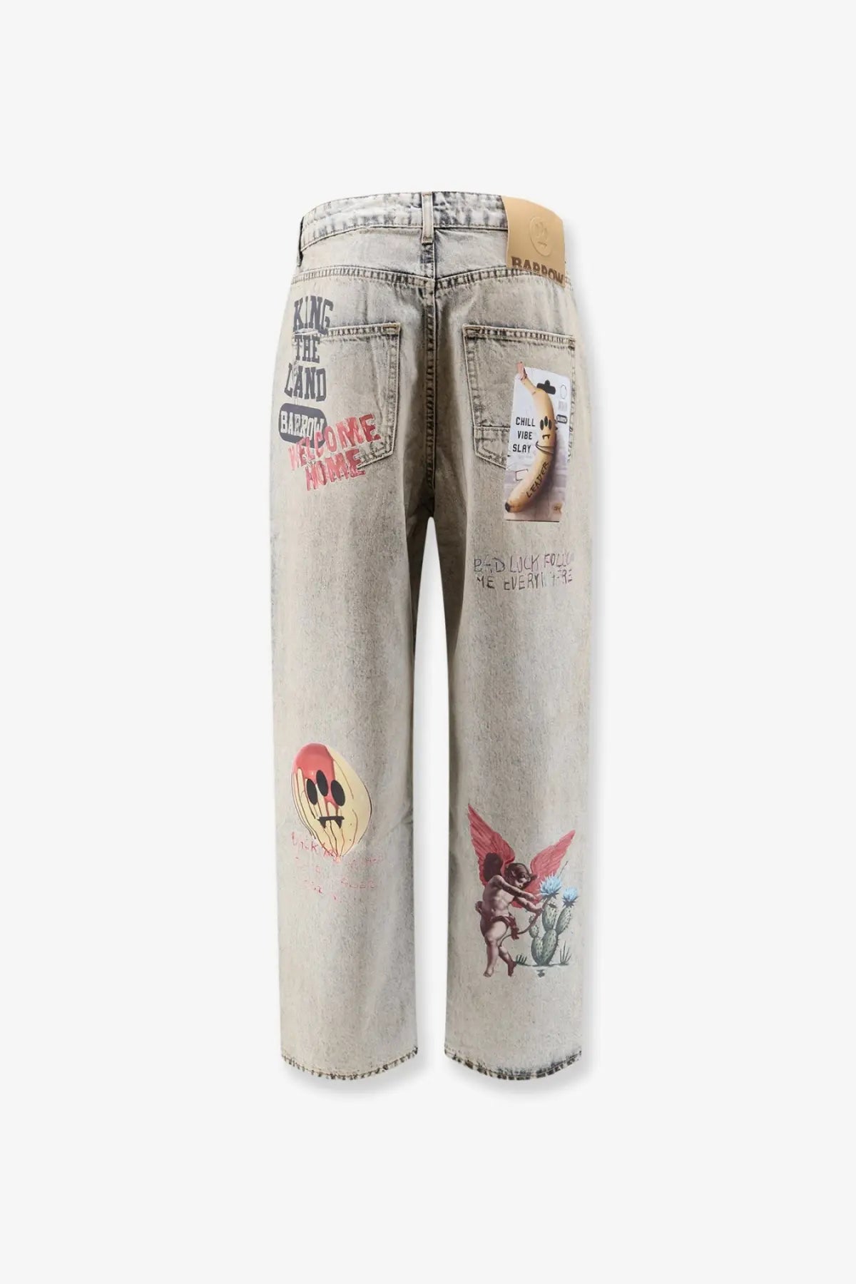 Back side of barrow men’s cotton jeans blue in light-wash denim with distressed vintage look and colorful skull graphic prints