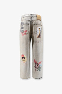 Back side of barrow men’s cotton jeans blue in light-wash denim with distressed vintage look and colorful skull graphic prints
