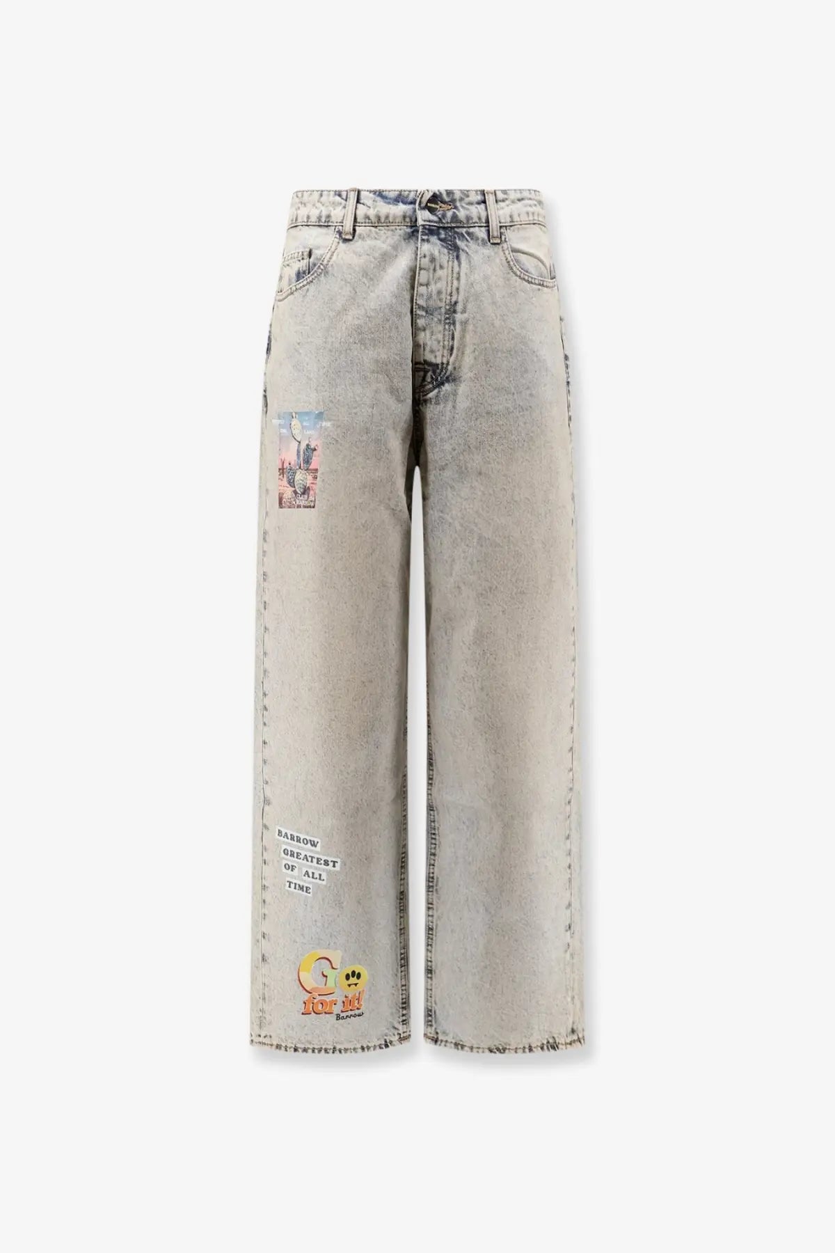Barrow men’s cotton jeans blue featuring light-wash denim wide-leg design with distressed faded look colorful patches and embroidery