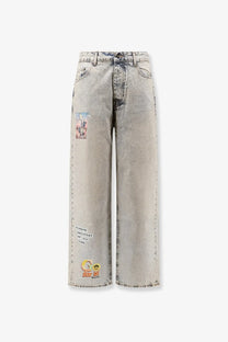 Barrow men’s cotton jeans blue featuring light-wash denim wide-leg design with distressed faded look colorful patches and embroidery