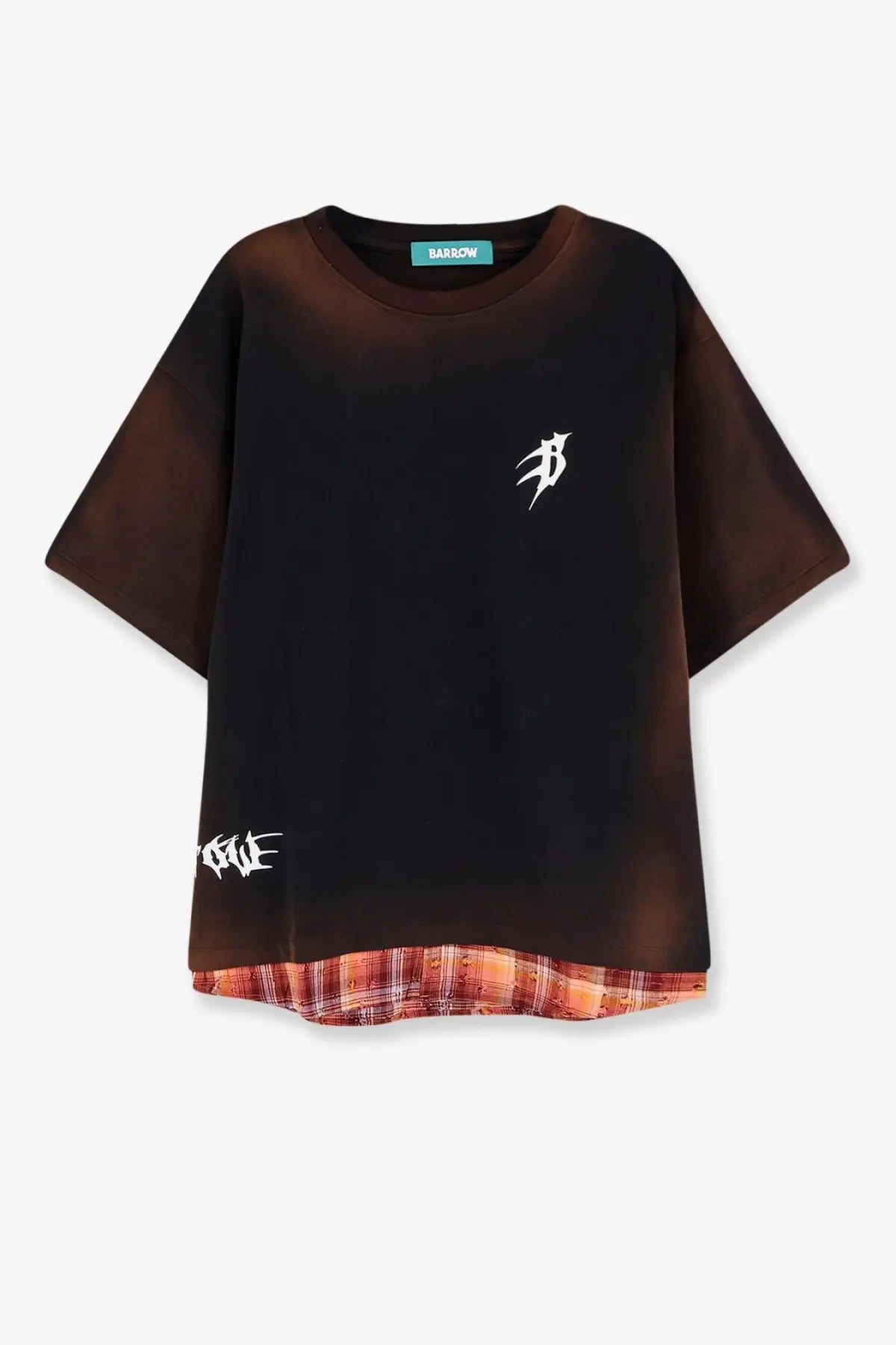 Barrow men’s cotton t-shirt in black with brown gradient white graphic details and plaid lining at the hem