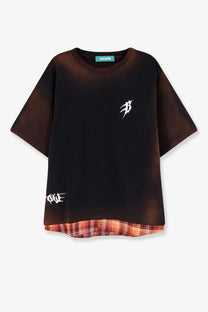 Barrow men’s cotton t-shirt in black with brown gradient white graphic details and plaid lining at the hem