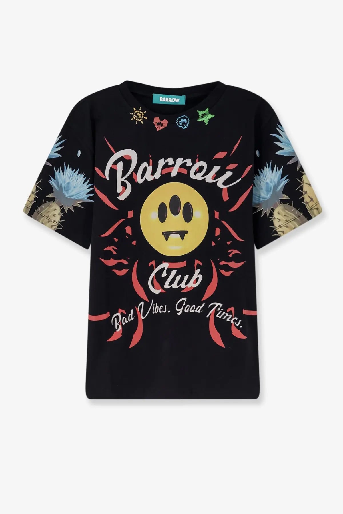 Barrow men’s black cotton t-shirt featuring a yellow vampire smiley face with red flames and gold blue pineapple motifs