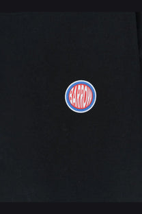 Black barrow fabric notebook with a circular red and white logo on blue and white rings for barrow mens cotton shirt
