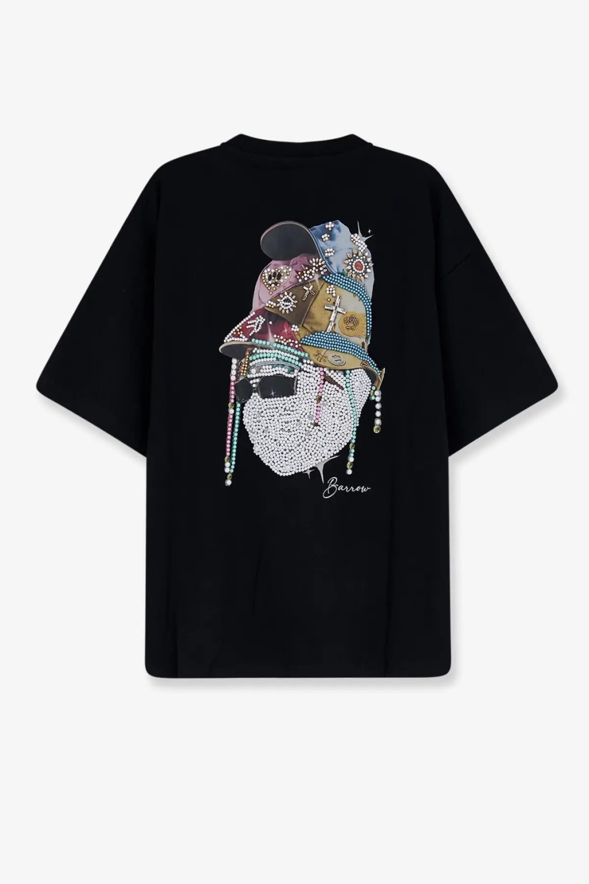 Black oversized barrow men’s cotton t-shirt featuring a detailed beaded face graphic with ornate hat and jewelry