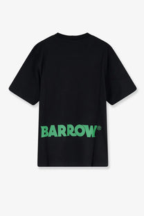 Back side of black barrow men’s cotton t-shirt with bold green barrow lettering across the lower back