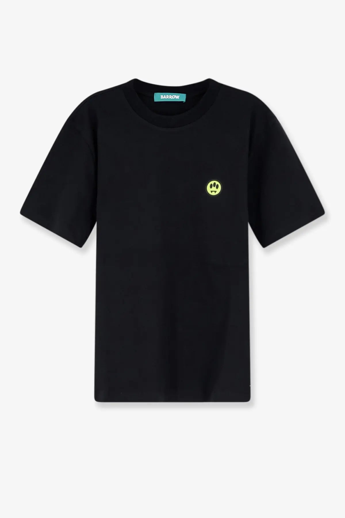 Barrow men’s black cotton short-sleeved t-shirt with a small neon yellow smiley face patch on the left chest