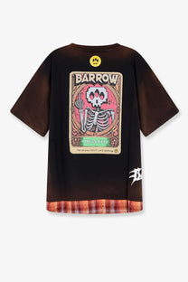 Back side of black barrow men’s cotton t-shirt with pixelated skeleton and barrow death text in ornate card frame