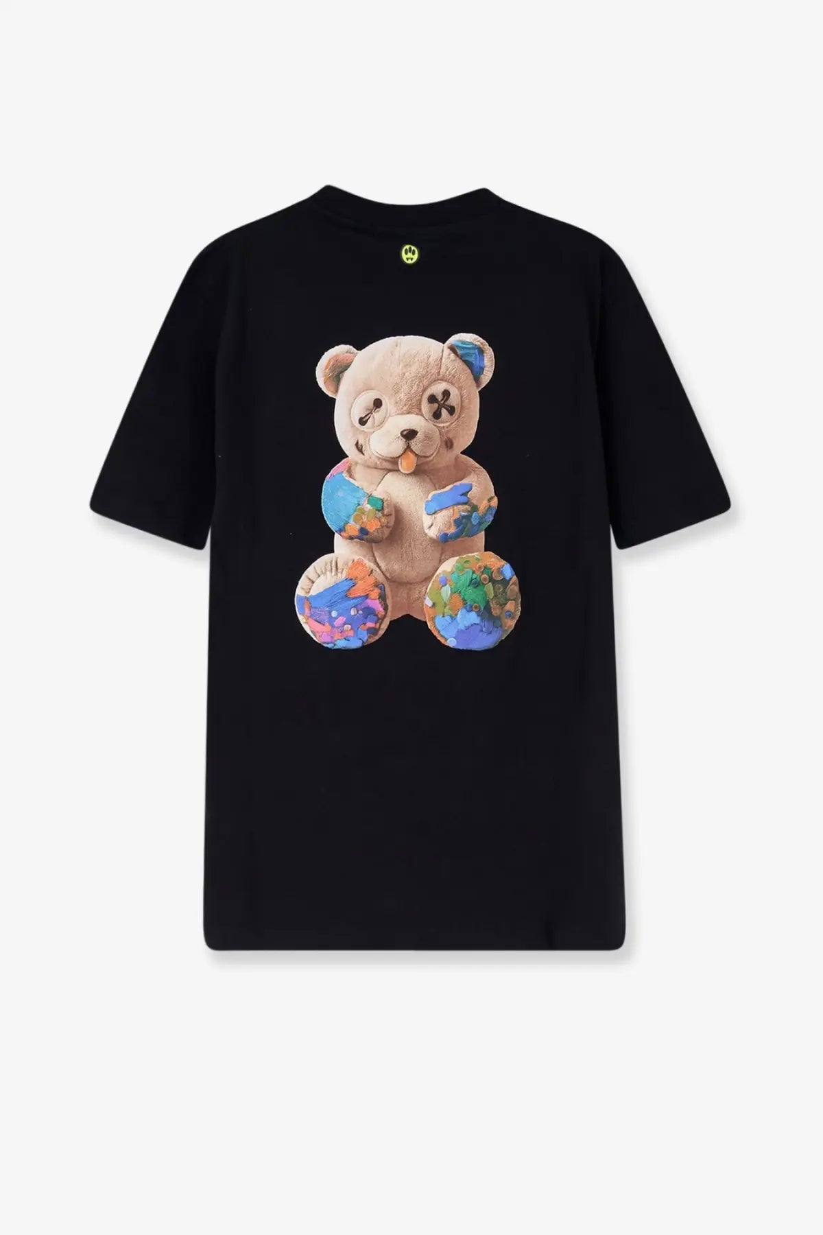 Barrow men’s black cotton t-shirt featuring a beige teddy bear graphic with colorful globe-patterned limbs and feet
