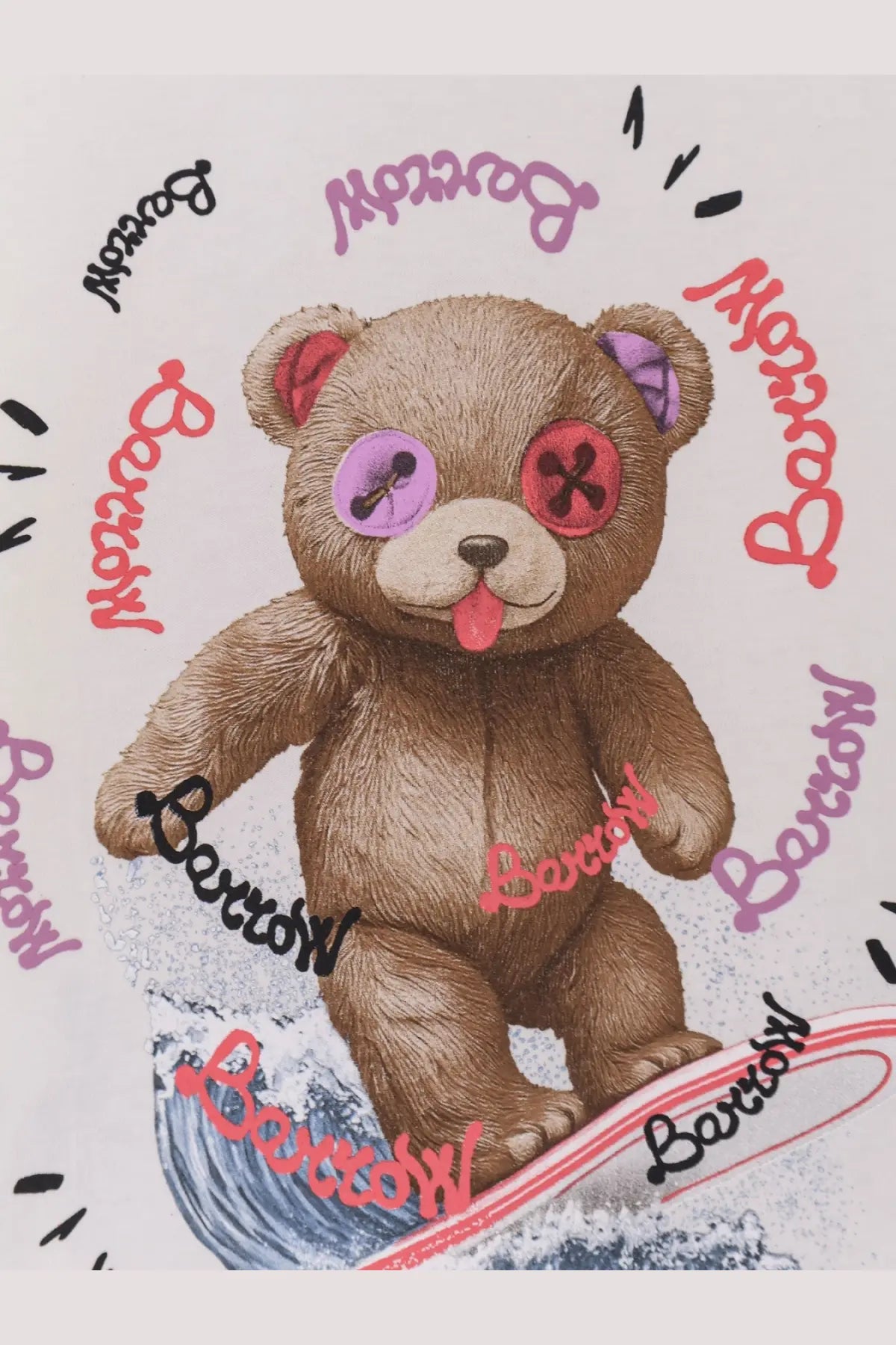 Barrow men’s cotton shirt cocco featuring a brown teddy bear with purple and red eye patches riding a surfboard