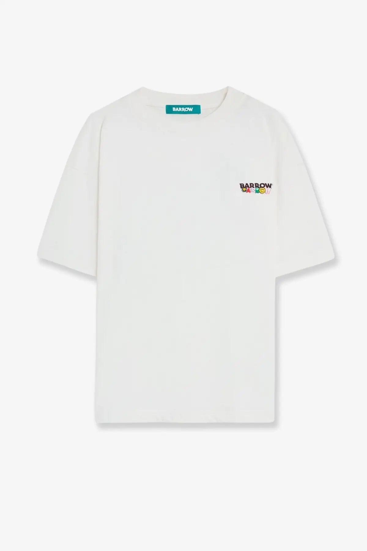 White barrow men’s cotton short-sleeve shirt cocco with colorful embroidered logo and teal brand tag at neckline