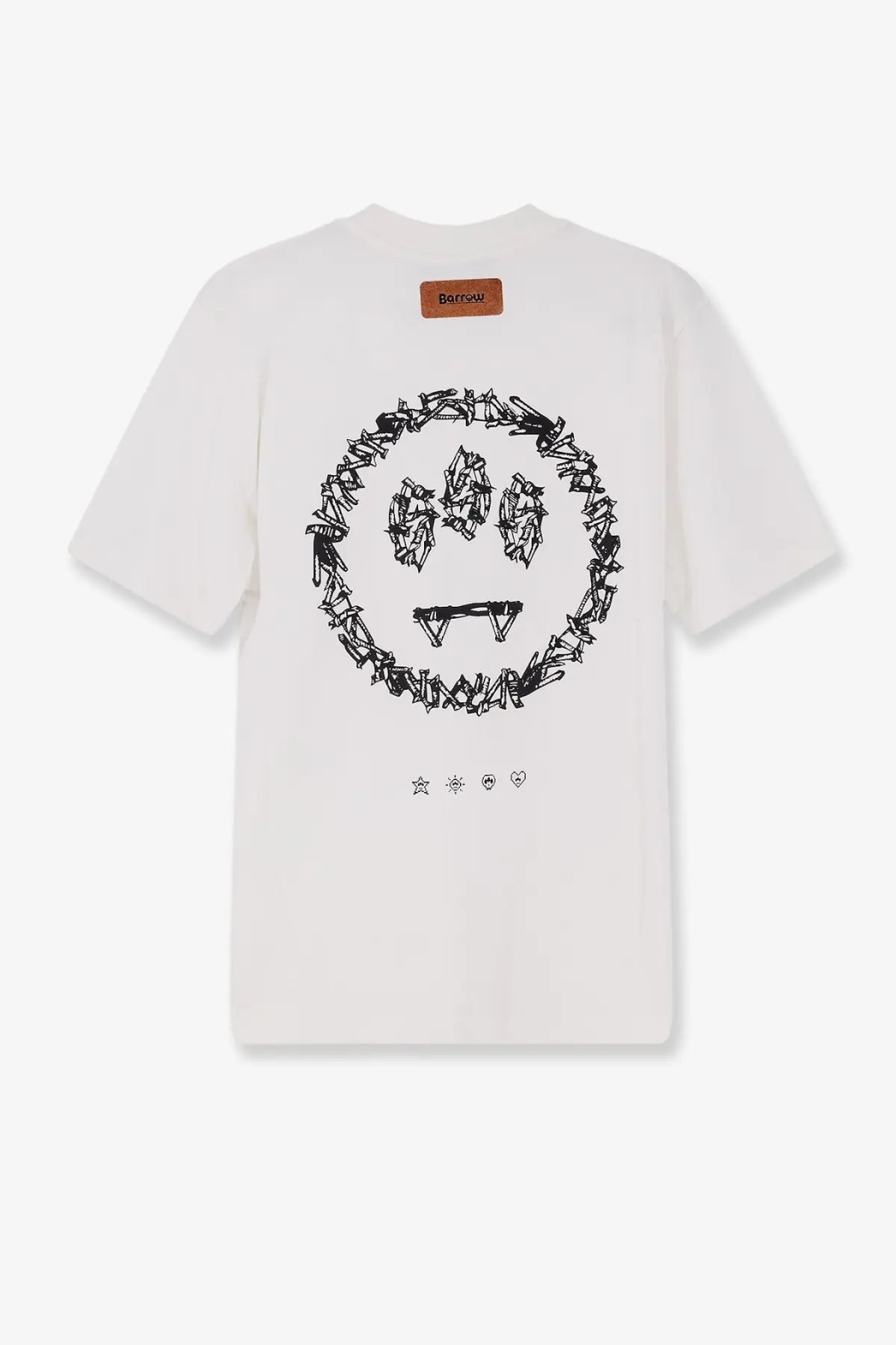 White barrow men’s cotton t-shirt with black barbed wire smiley face graphic and orange brand tag at neckline