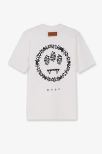 White barrow men’s cotton t-shirt with black barbed wire smiley face graphic and orange brand tag at neckline