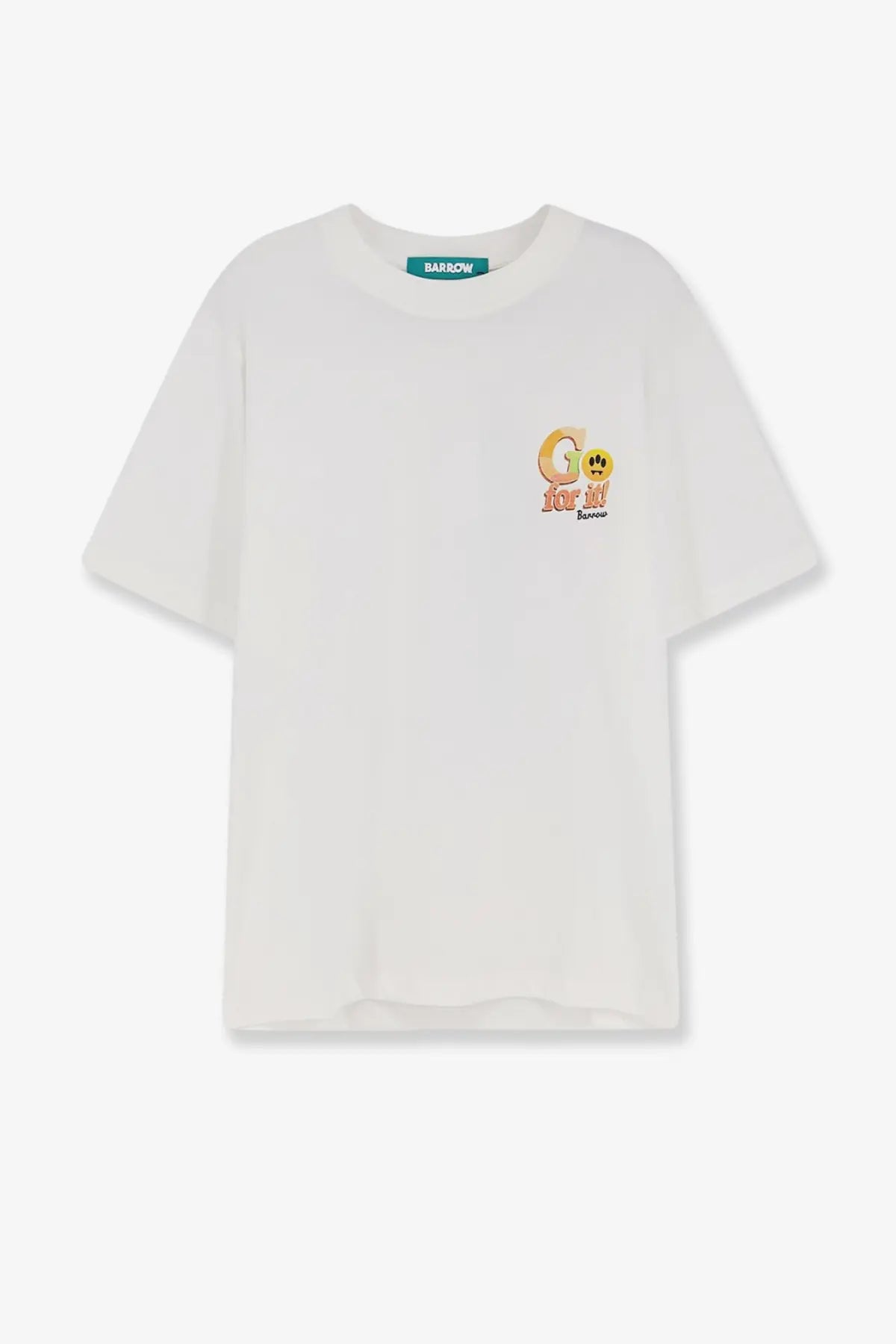 Barrow men’s white cotton short-sleeved t-shirt with colorful go for it graphic and orange yellow smiley face on chest