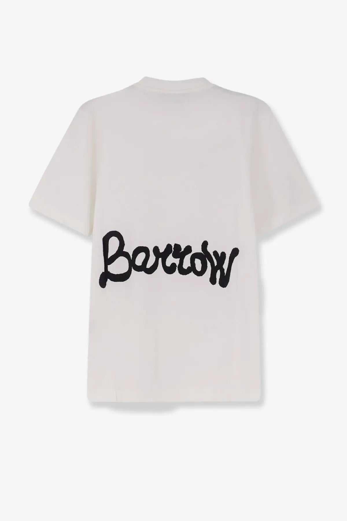 White cotton barrow men’s shirt back side with bold black embroidered barrow logo across the back