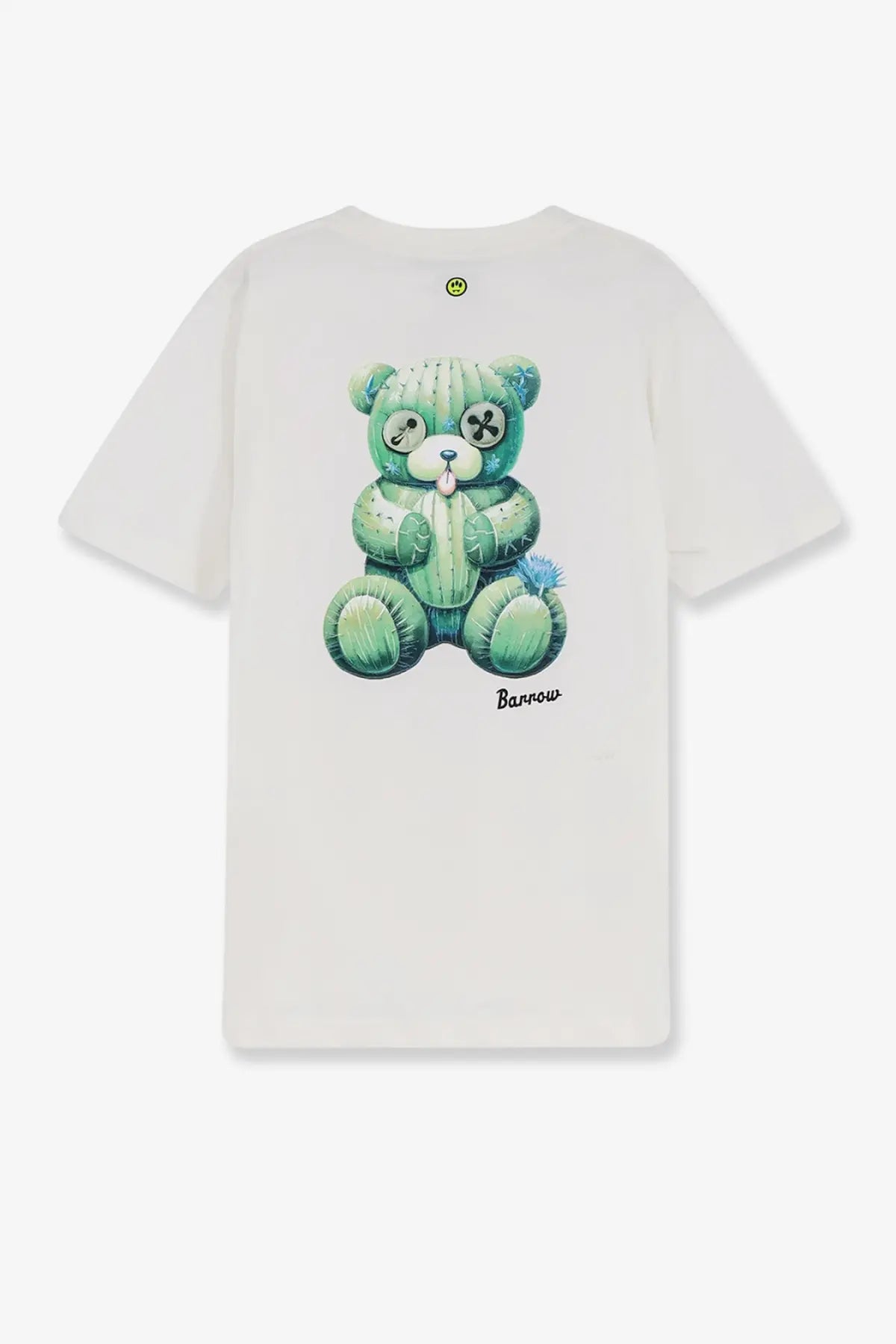 Barrow men’s white cotton t-shirt featuring a green cactus bear graphic with stitched eyes and blue tuft of hair