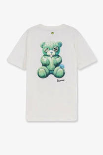 Barrow men’s white cotton t-shirt featuring a green cactus bear graphic with stitched eyes and blue tuft of hair