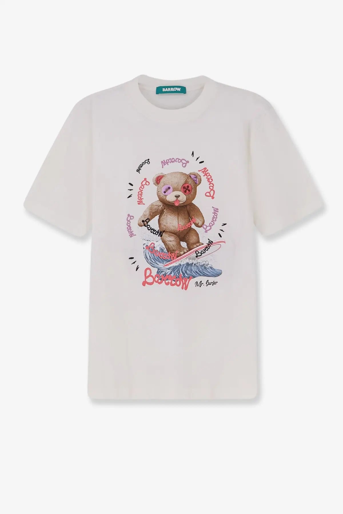 Off-white barrow men’s cotton t-shirt featuring a playful cartoon bear surfing with pink and black bowie lettering