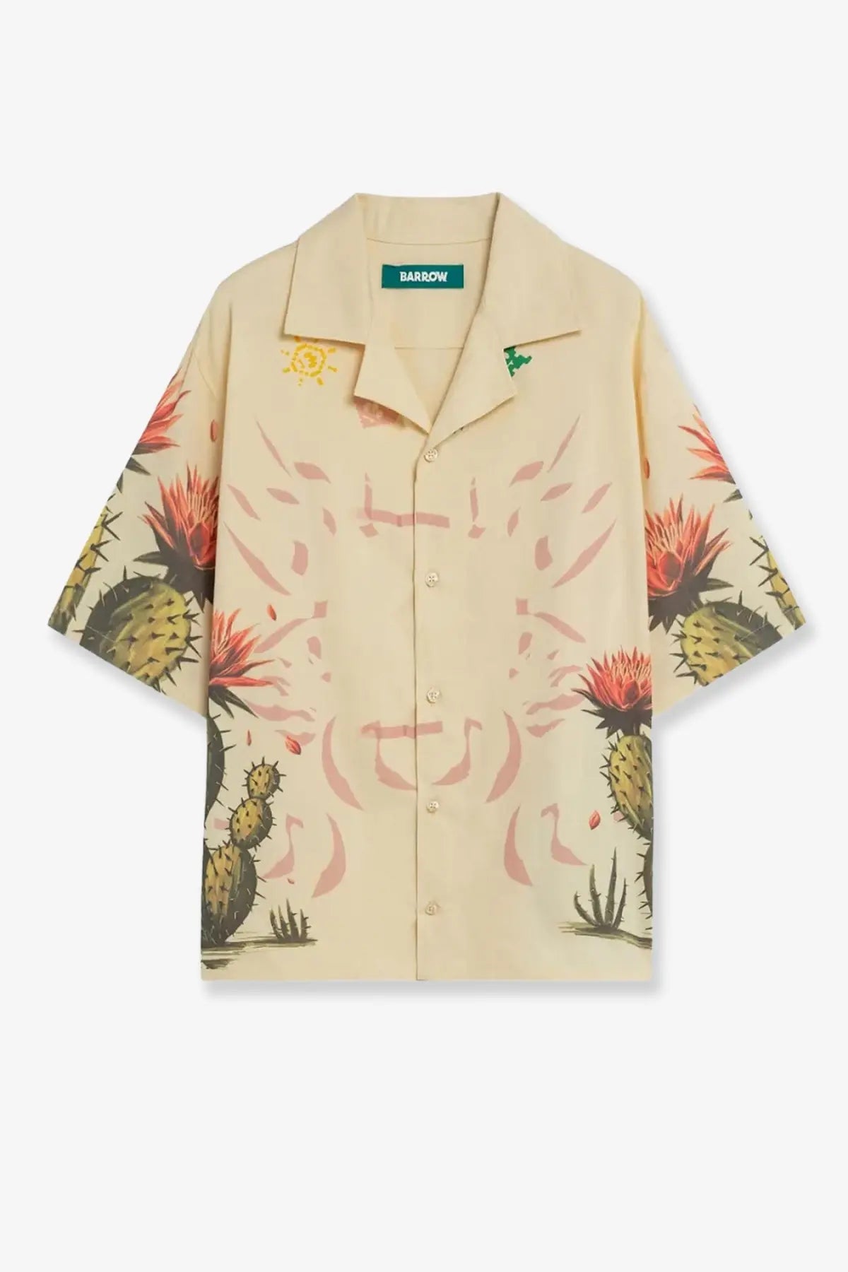 Barrow men’s cotton beige short-sleeved button-up shirt with tropical cactus and flower print and collar
