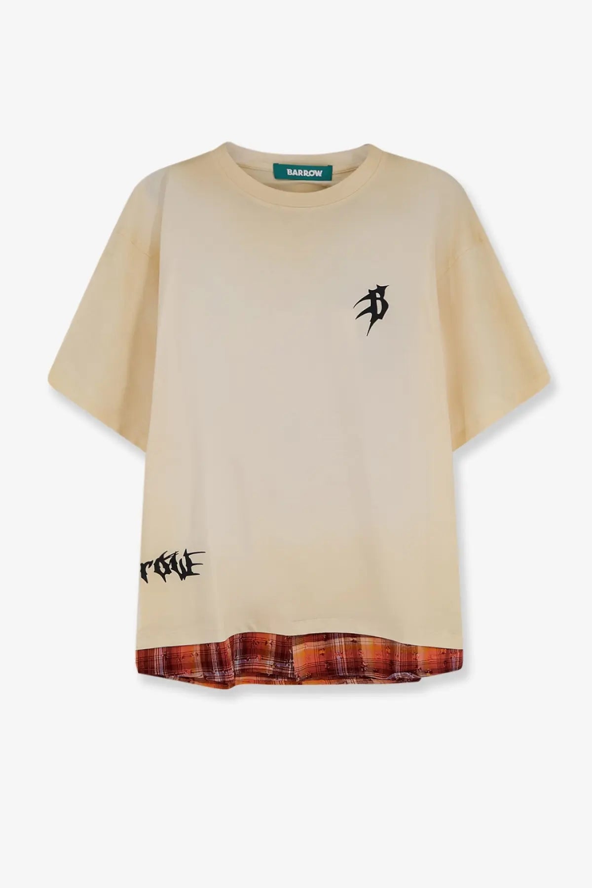 Barrow men’s cotton shirt white beige short-sleeved with black embroidered logo and plaid orange brown hem