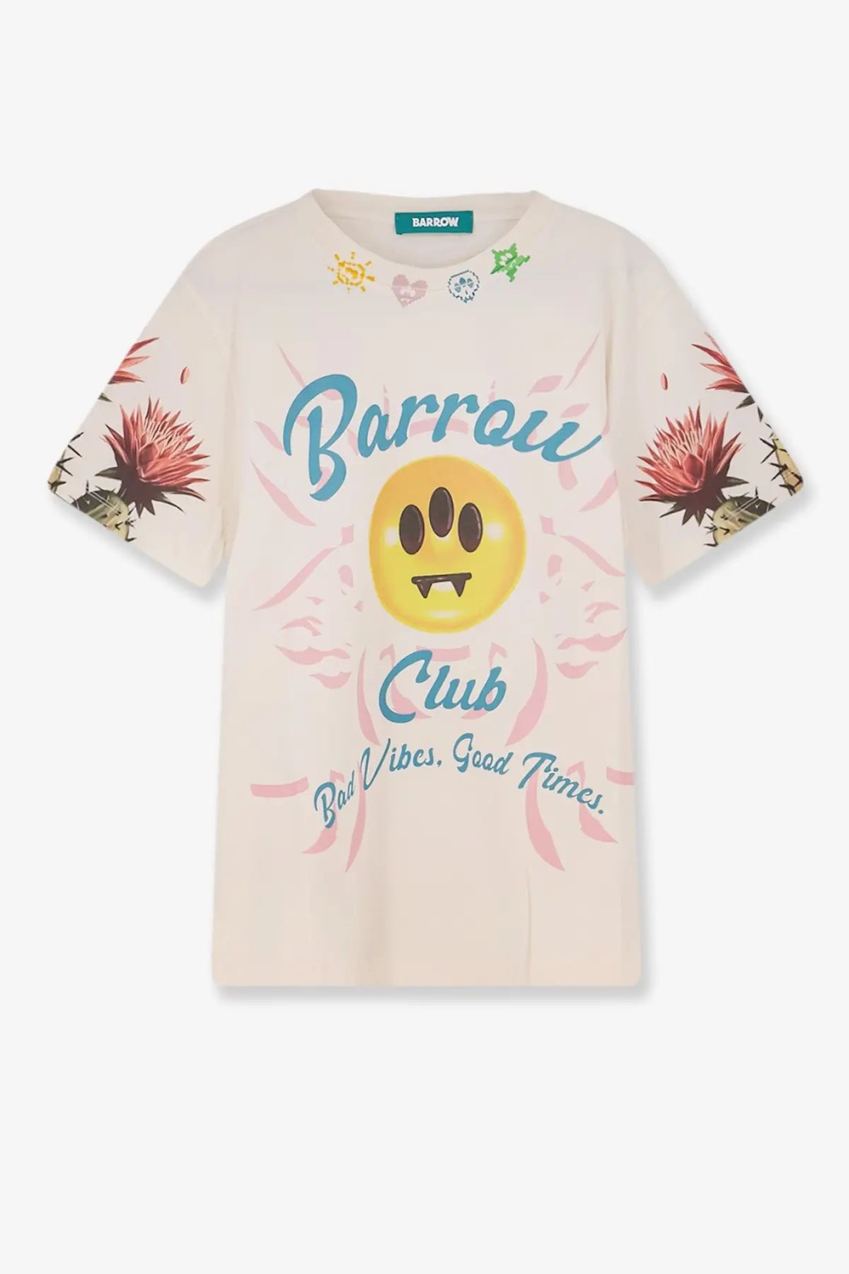 Cream-colored Barrow men’s cotton t-shirt with yellow smiley face fangs blue script and floral sleeve prints