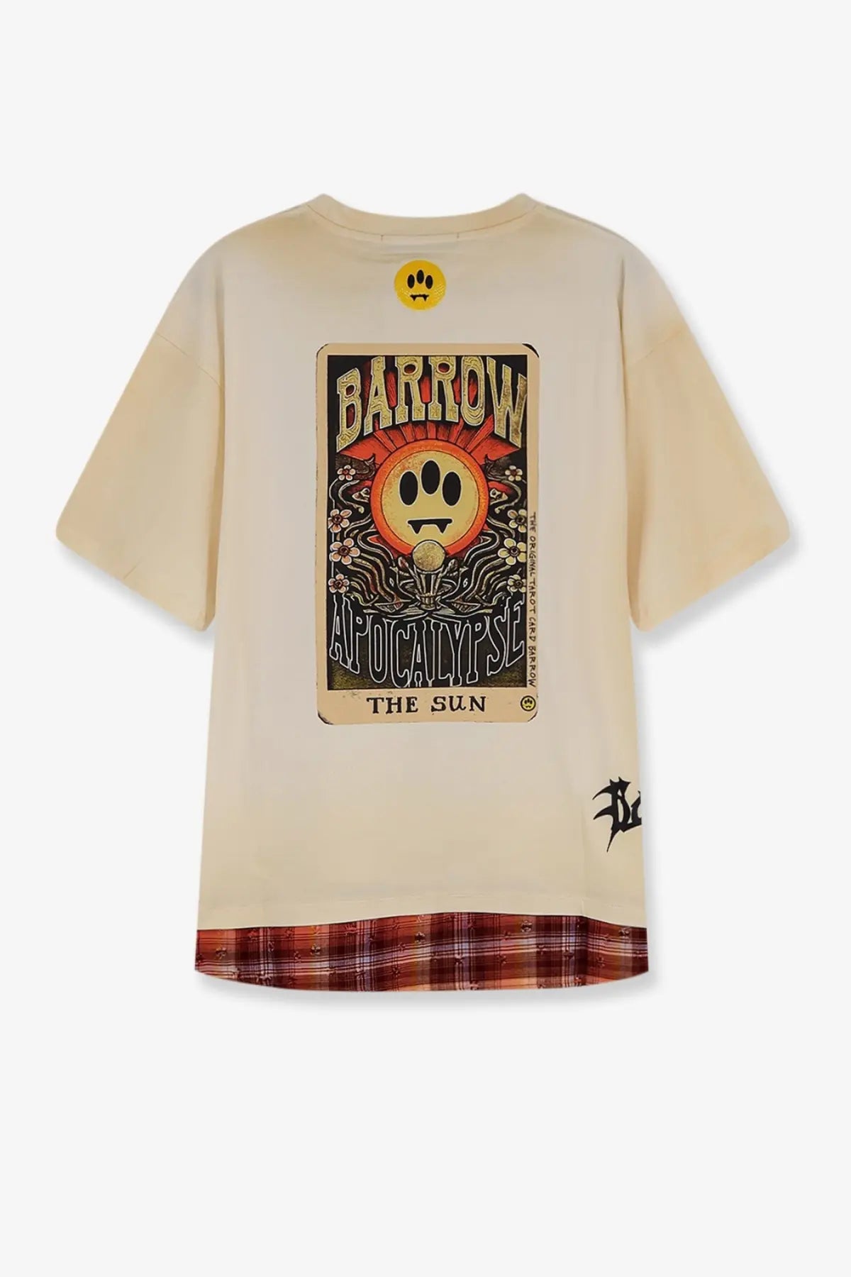 Barrow men’s cotton cream short-sleeved t-shirt with vintage tarot card graphic and red plaid trim at hem