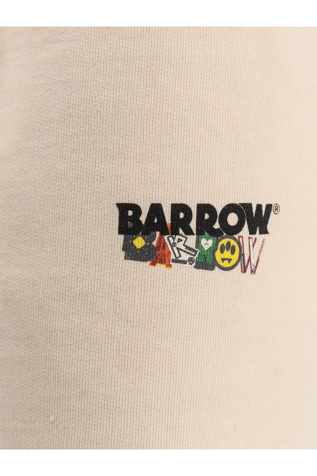 Beige cotton t-shirt with bold black barrow logo and colorful cartoon-style lettering below for men
