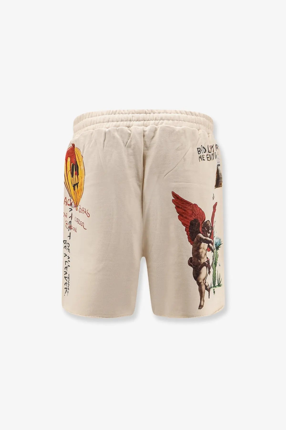 Barrow men’s cotton cream sweat shorts with bold flaming skull and red winged angel graphic prints and handwritten text