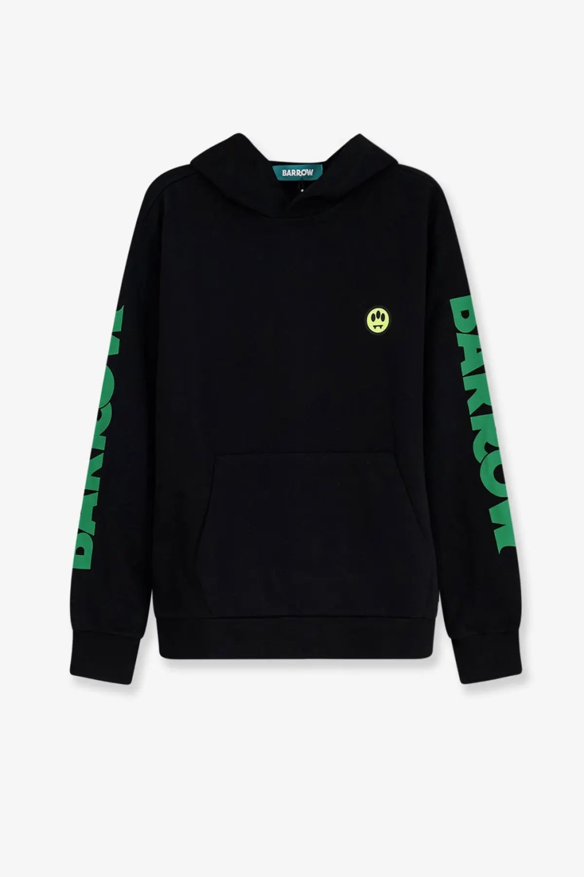 Barrow men’s cotton sweatshirt black with neon green vertical lettering on sleeves and yellow smiley face patch on chest
