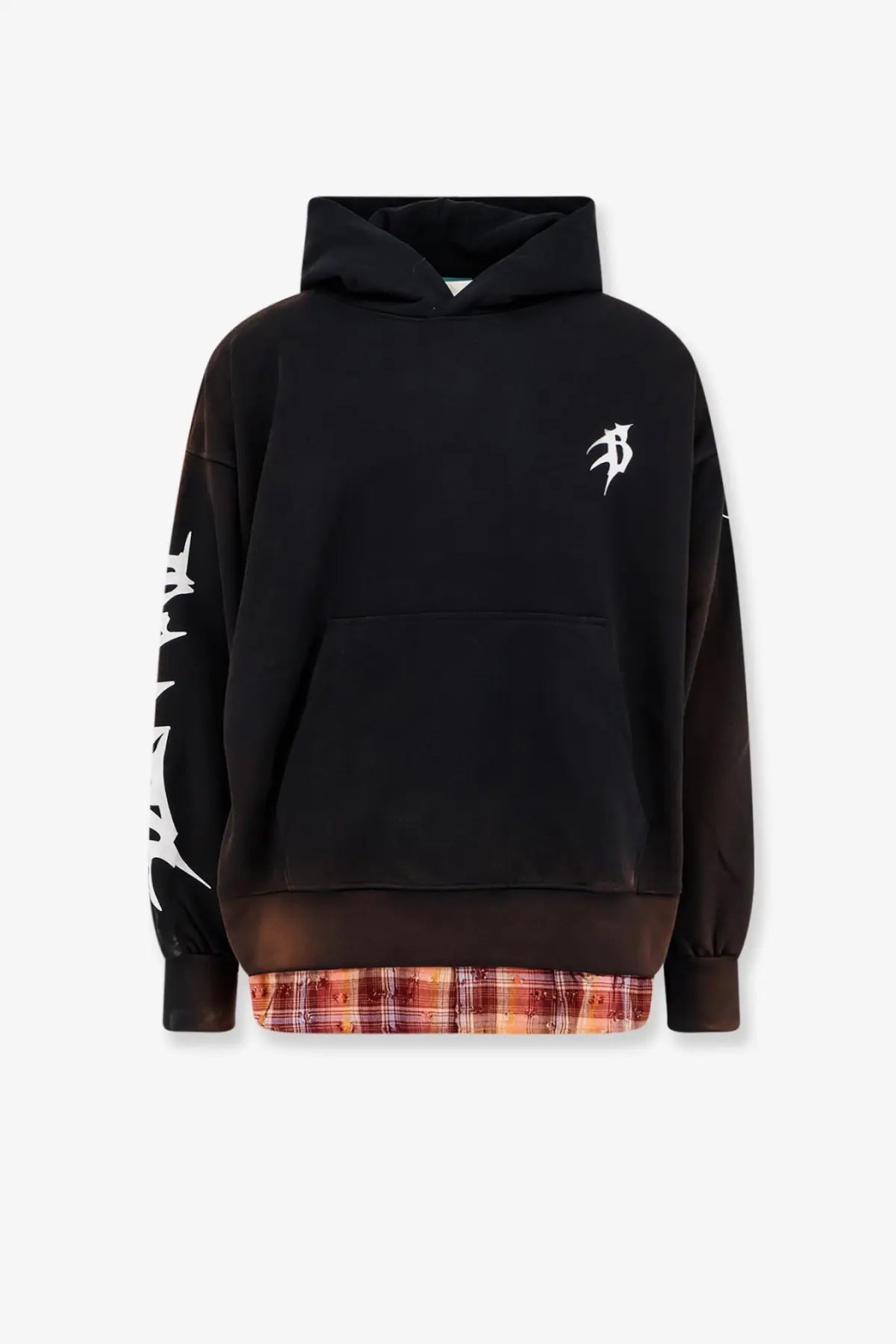 Barrow men’s black cotton sweatshirt hoodie with white sleeve graphics, small chest logo, and orange plaid inner lining