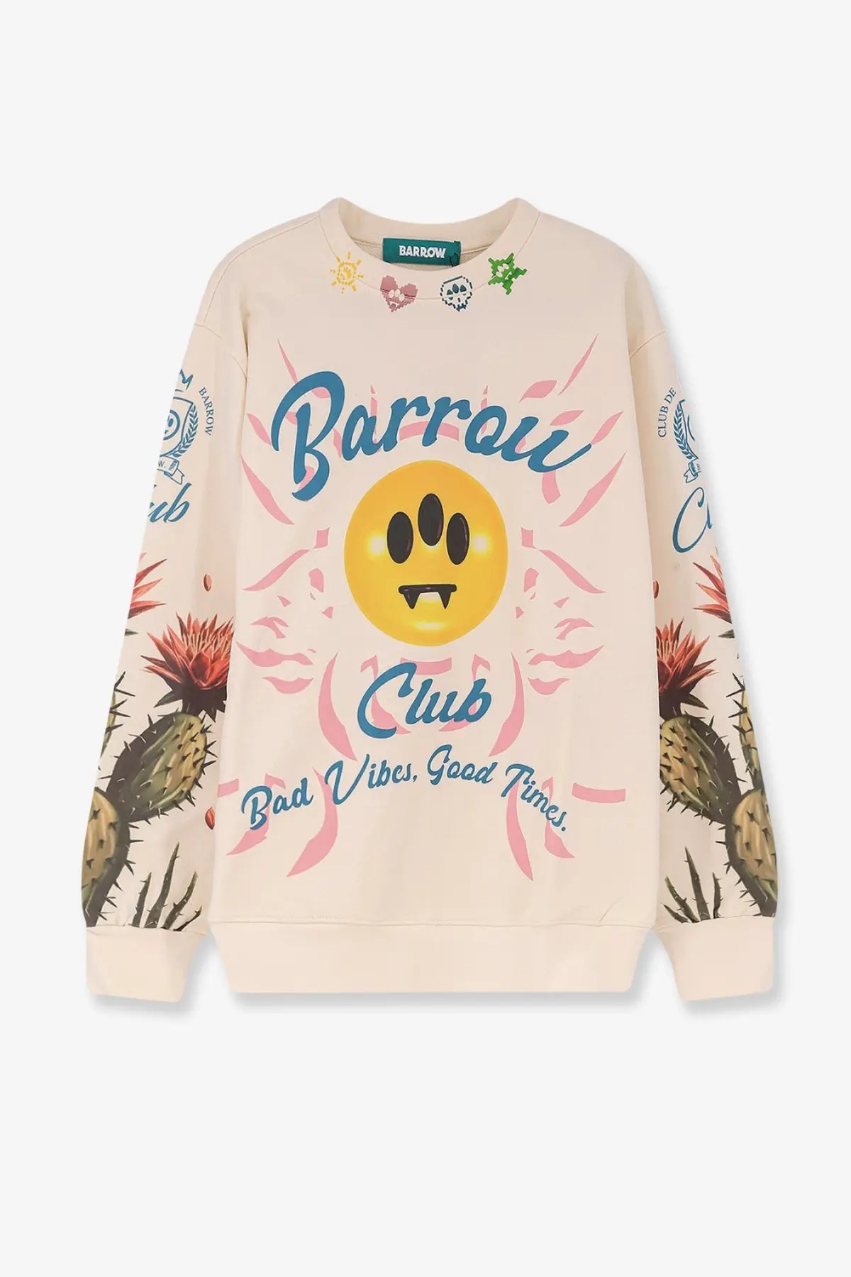 Beige Barrow men’s cotton sweatshirt with yellow smiley face fangs pink floral and cactus prints on sleeves