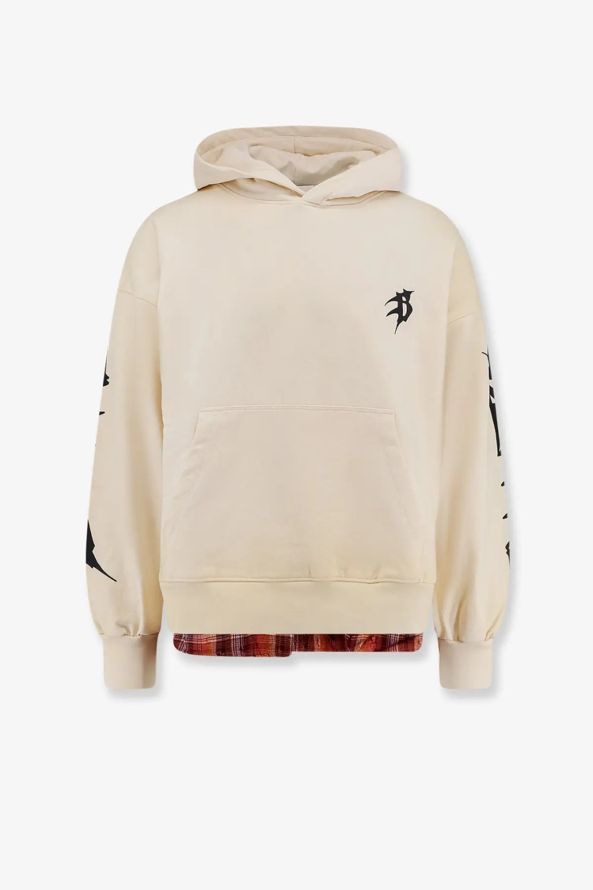 Barrow men’s white cotton sweatshirt cream hoodie with black sleeve graphics and plaid lining at the hem