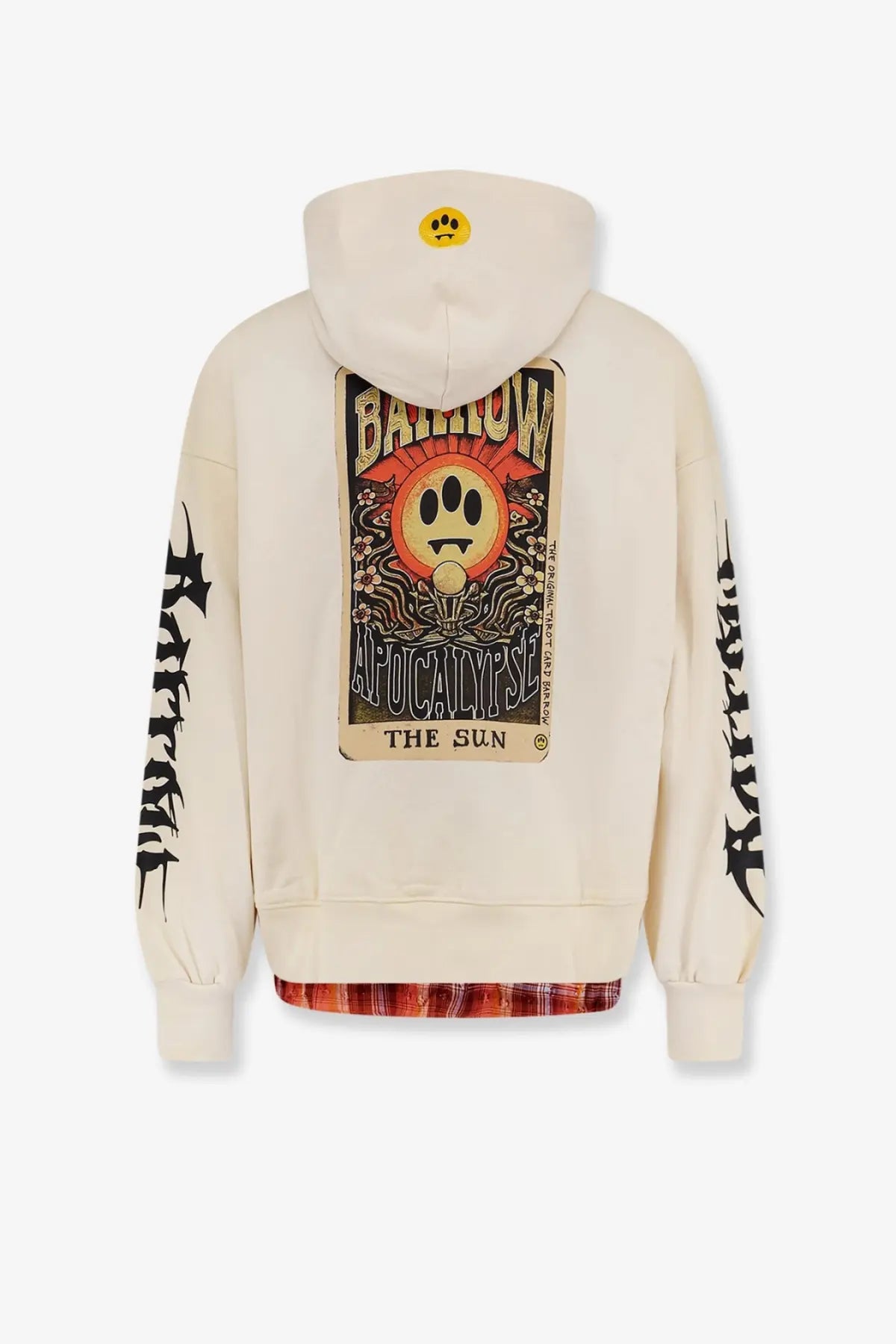 Barrow men’s cotton sweatshirt white cream hoodie with bold barilow apocalypse graphic and smiley face patch on hood