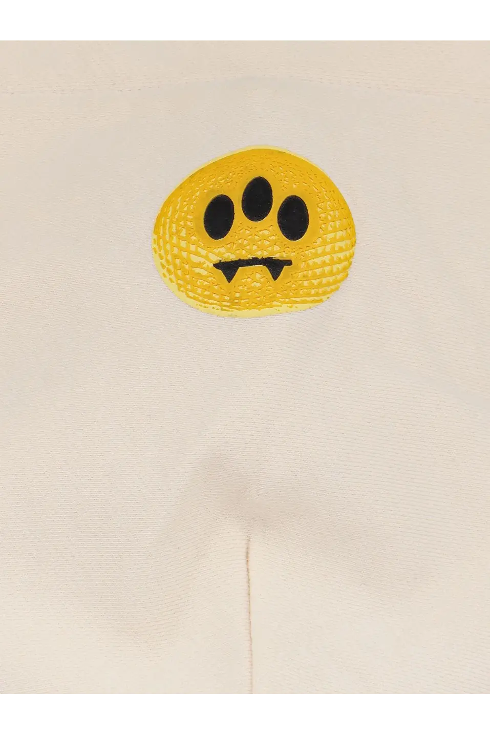 Barrow men’s white cotton sweatshirt with yellow textured circular patch featuring three black oval eyes and teeth