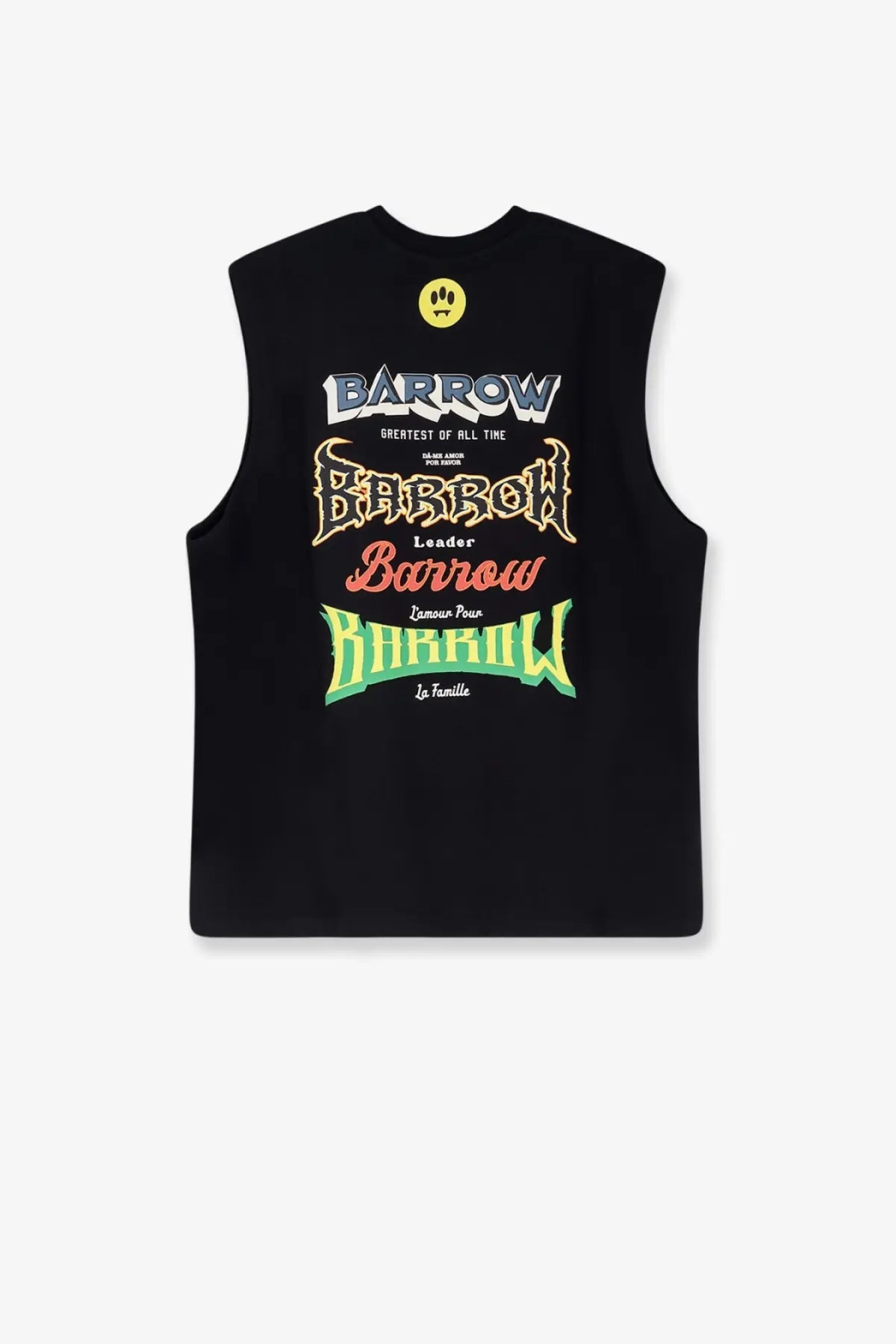 Barrow men’s black cotton sleeveless vest with bold multi-colored graphic text and yellow smiley face emblem