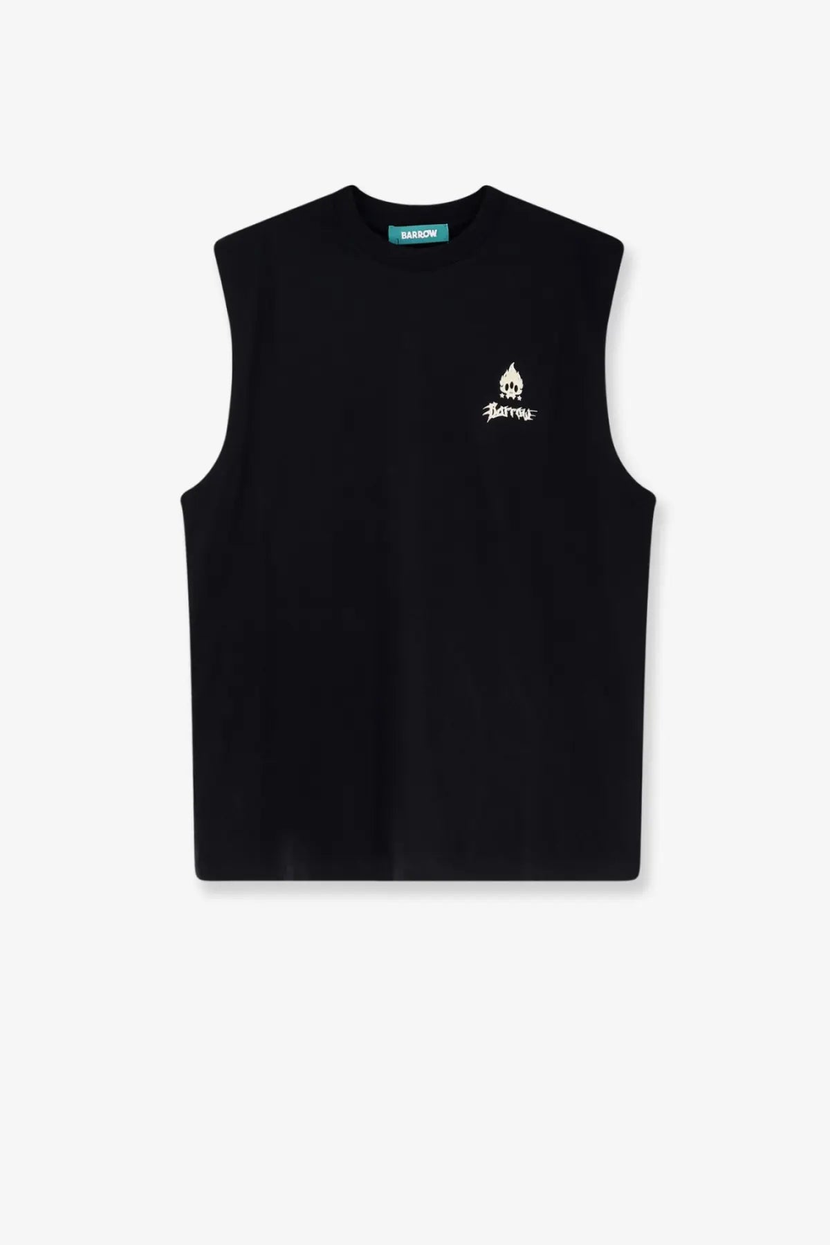 Barrow men’s black cotton sleeveless tank top with small white flame and skull graphic and green neck tag