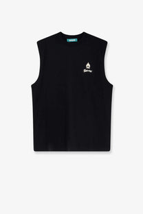 Barrow men’s black cotton sleeveless tank top with small white flame and skull graphic and green neck tag