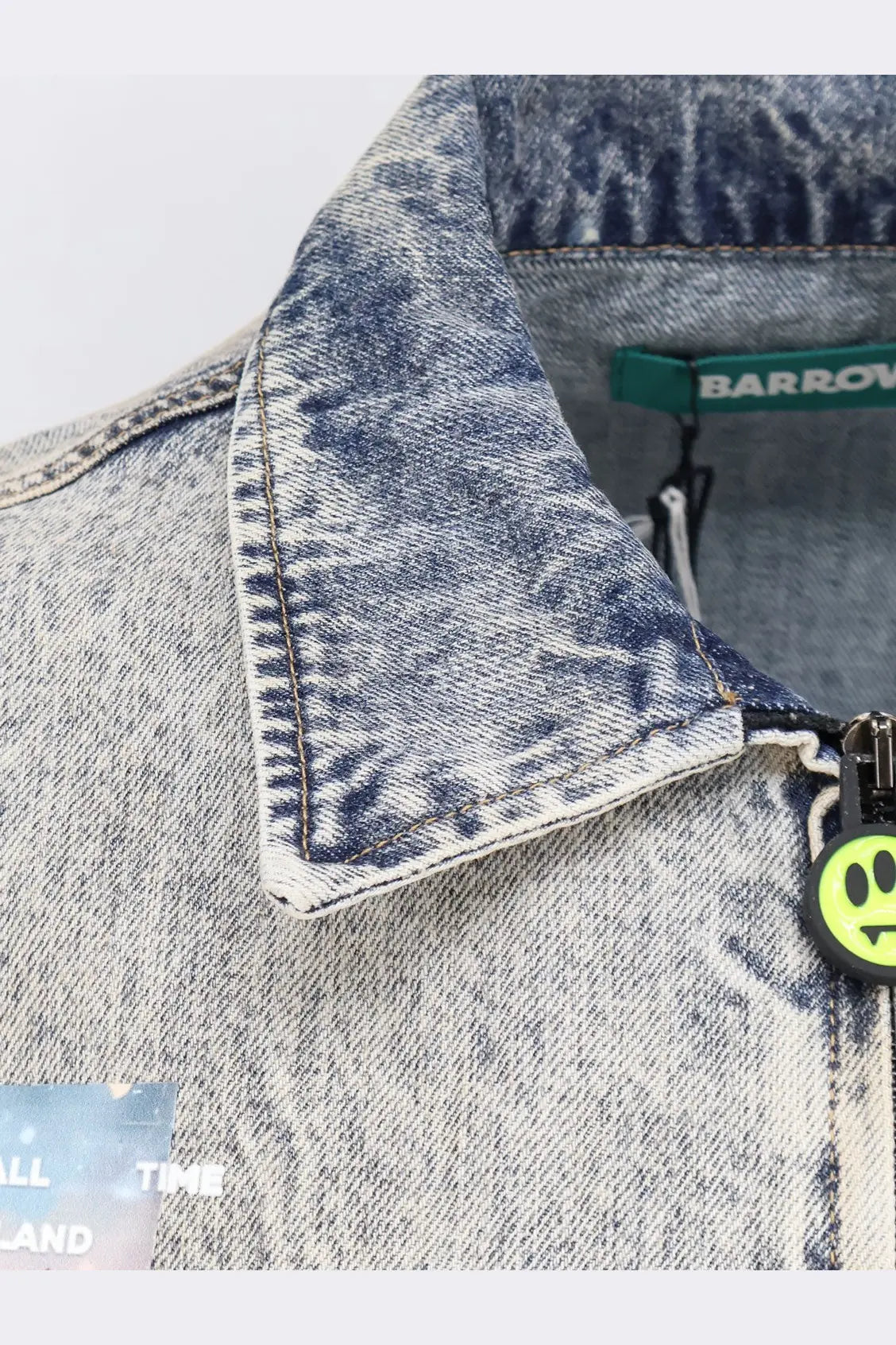 Barrow men’s denim jacket blue with distressed faded wash and green brand tag inside the collar