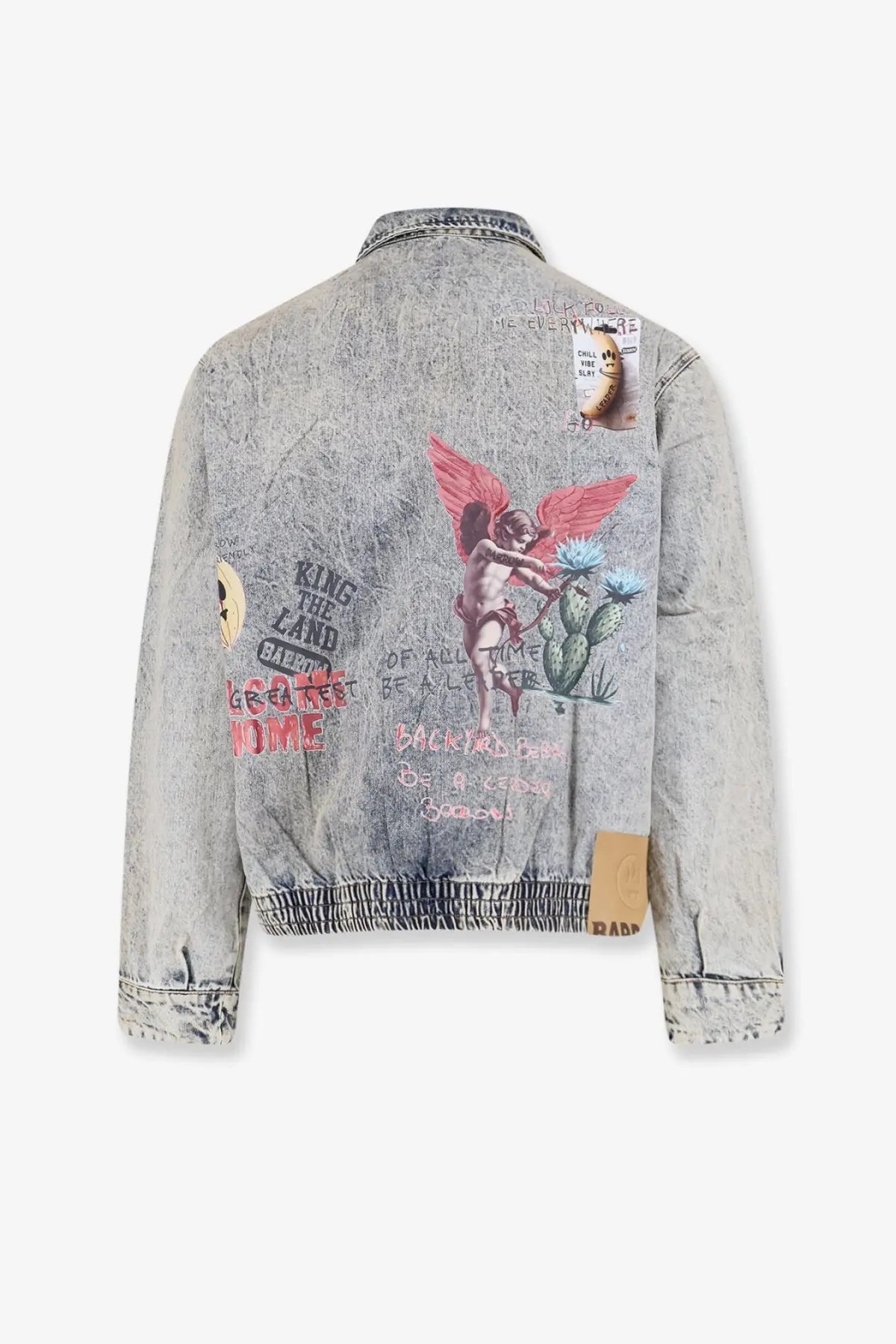 Barrow men’s faded gray denim jacket with red-winged angel graphic and layered text patches on the back