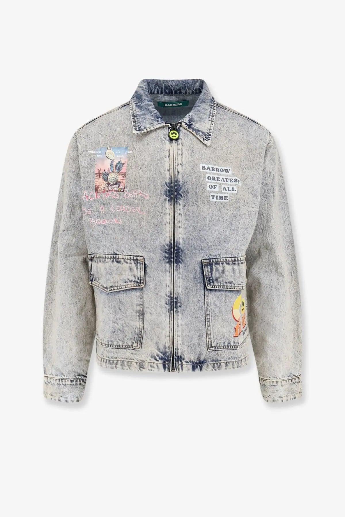Barrow men’s light-wash denim jacket with faded blue and white tie-dye and cartoon patch on left chest pocket