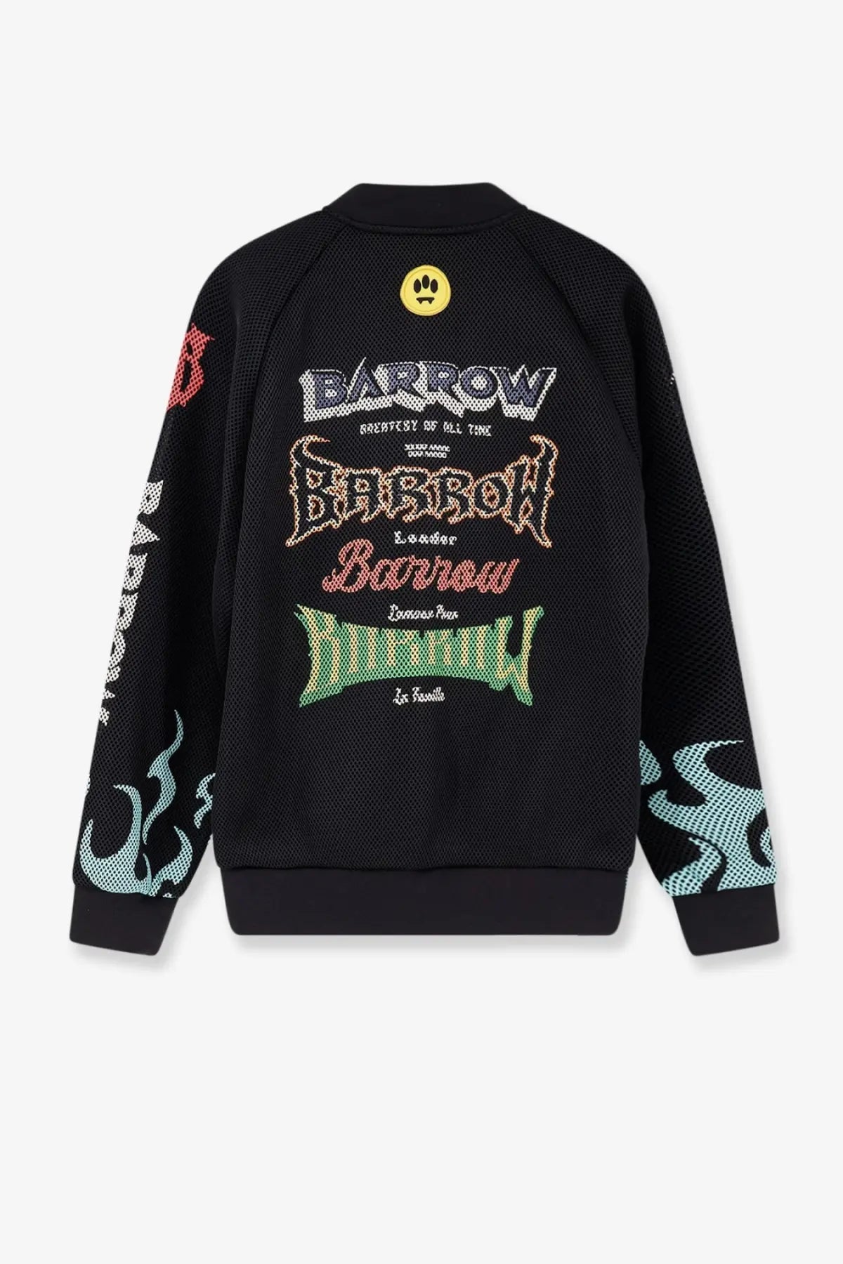 Barrow men’s black nylon and mesh bomber jacket with bold colorful embroidered text and flame motifs on the back